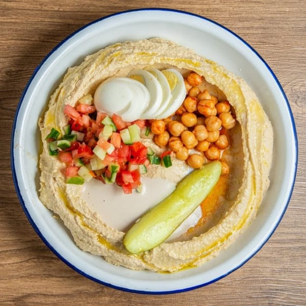 Gili's Kitchen hummus bowl with chickpeas, sliced egg, diced salad, and a pickle.